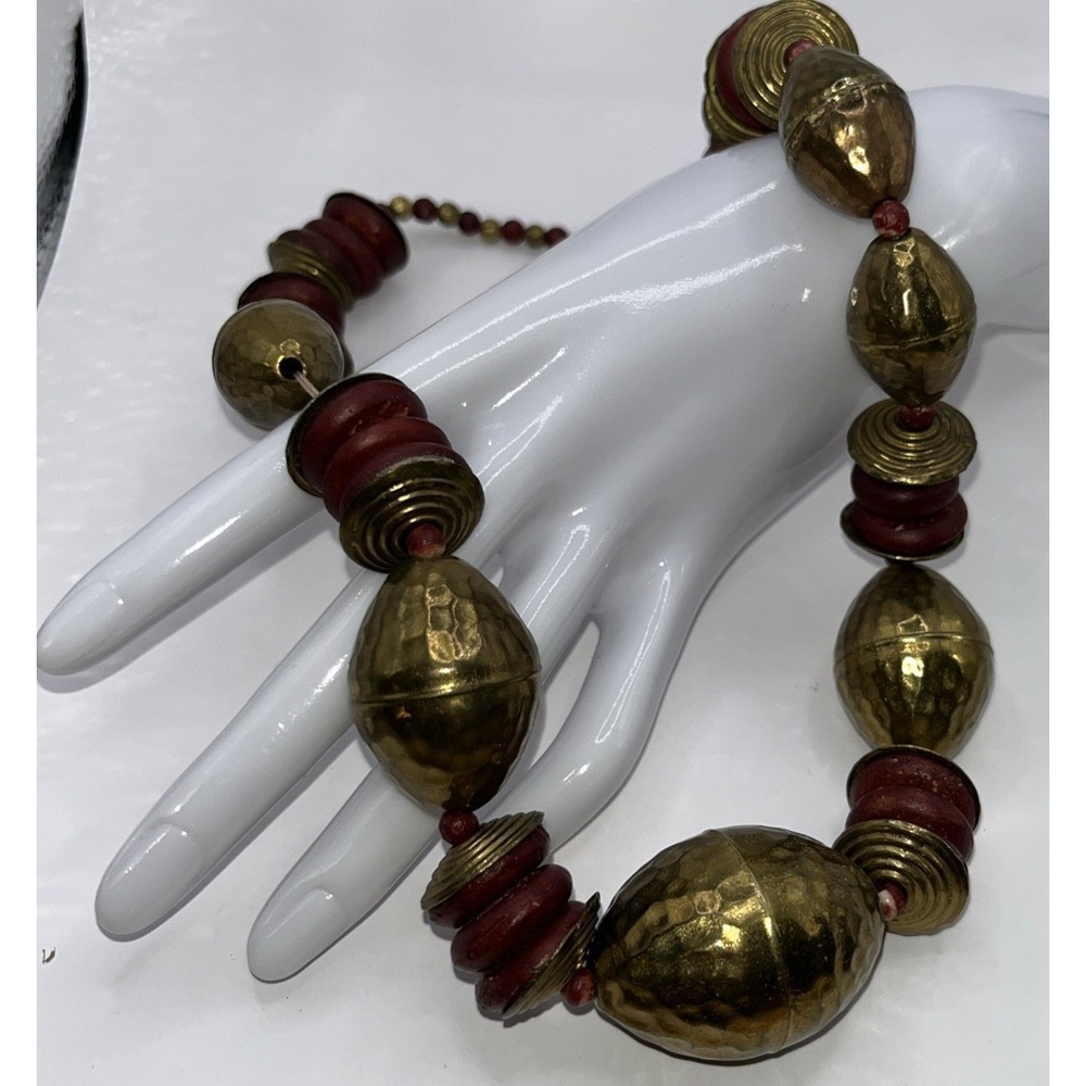 Vintage Necklace Hammered Brass Bone Discs Barrel Clasp Chunky Ethnic Tribal 20"